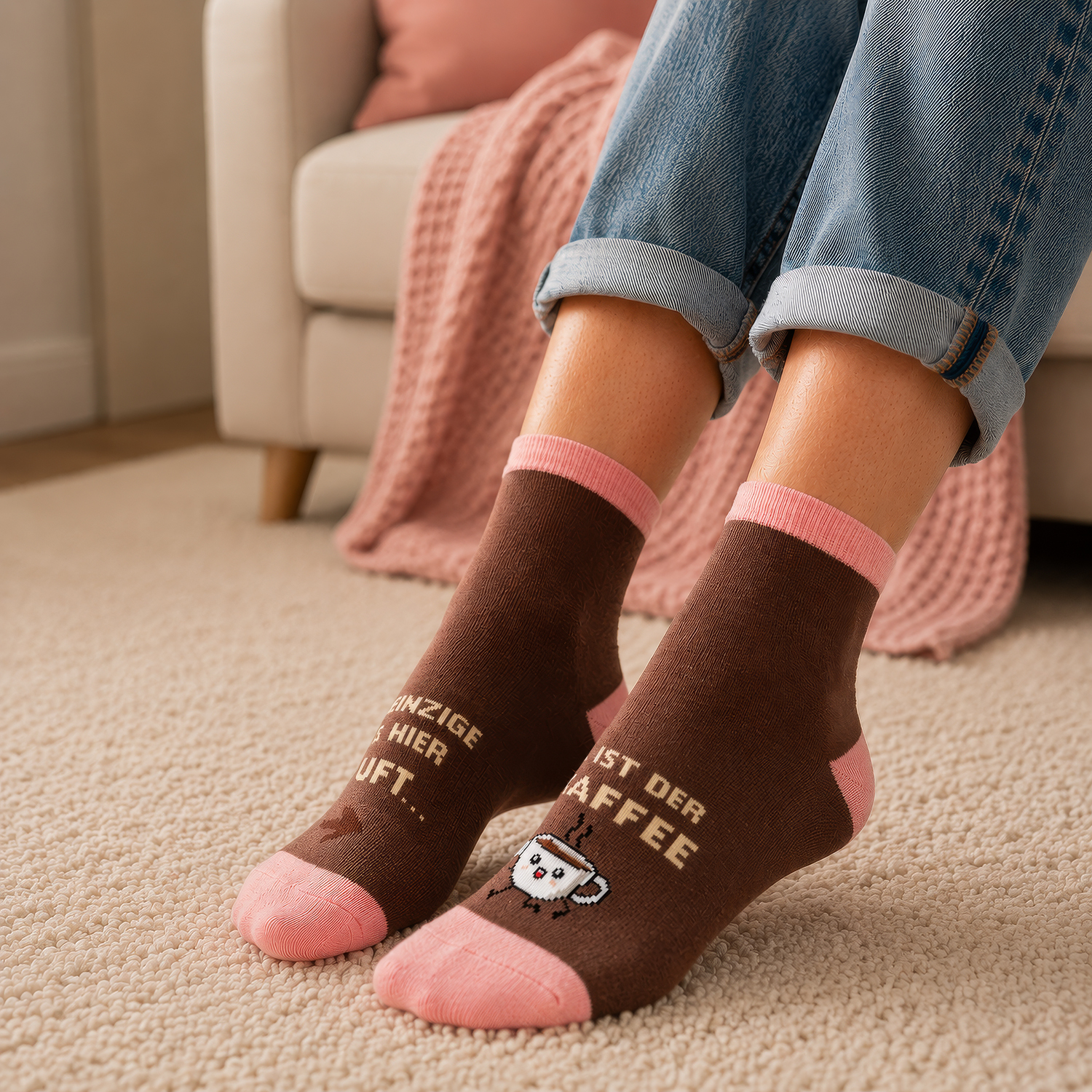 Braune Zaubersocken »Kaffee« mit pinken Bündchen und Katzen-Print