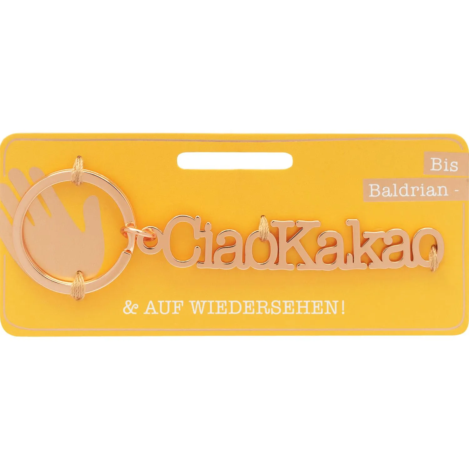 Roségoldener Schlüsselanhänger 'CiaoKakao' an gelber Headerkarte