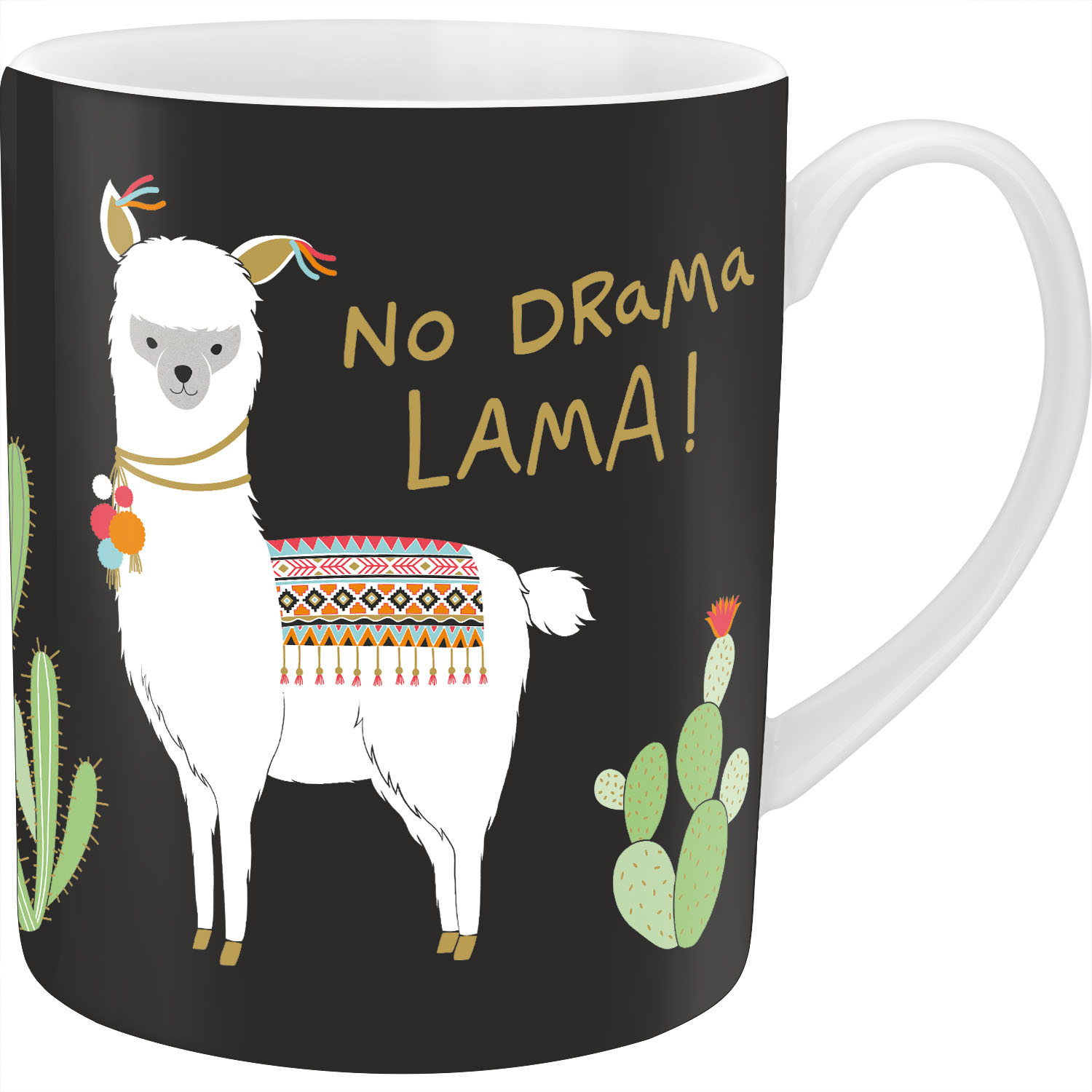 XL-Tasse »No Drama Lama« mit Lama-Motiv vor schwarzem Hintergrund.