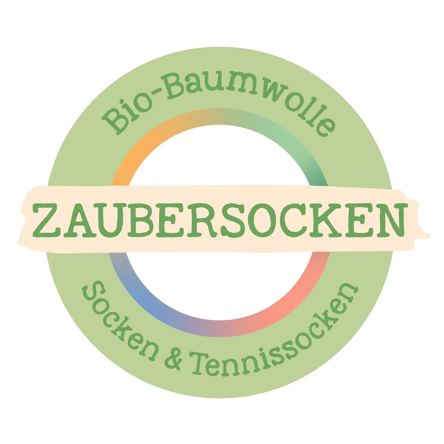 Rundes Logo ZAUBERSOCKEN auf Pastellgrün mit beige Banner