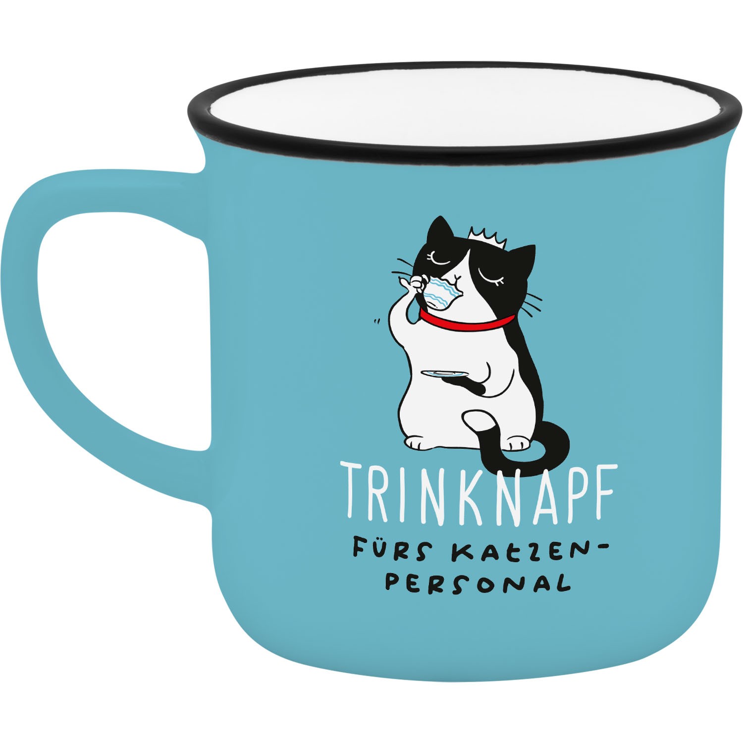Porzellan-Espressobecher mit Katze auf blauem Hintergrund und rotem Halsband.