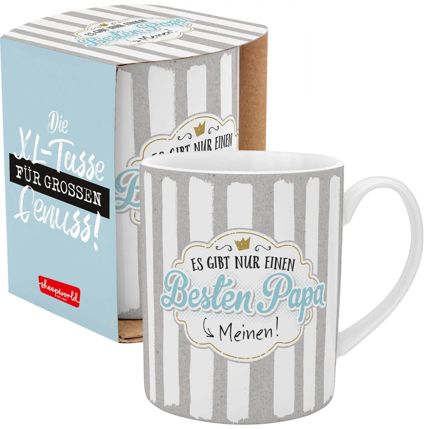 XL-Tasse aus Porzellan mit grauen Streifen und dem Aufdruck 'Besten Papa Meinen!' inklusive Geschenkverpackung.