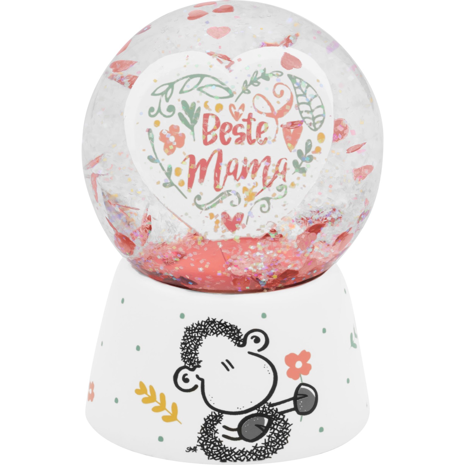 Traumkugel Mama mit Herz-Motiv und rosa Glitzer auf weißem Sockel