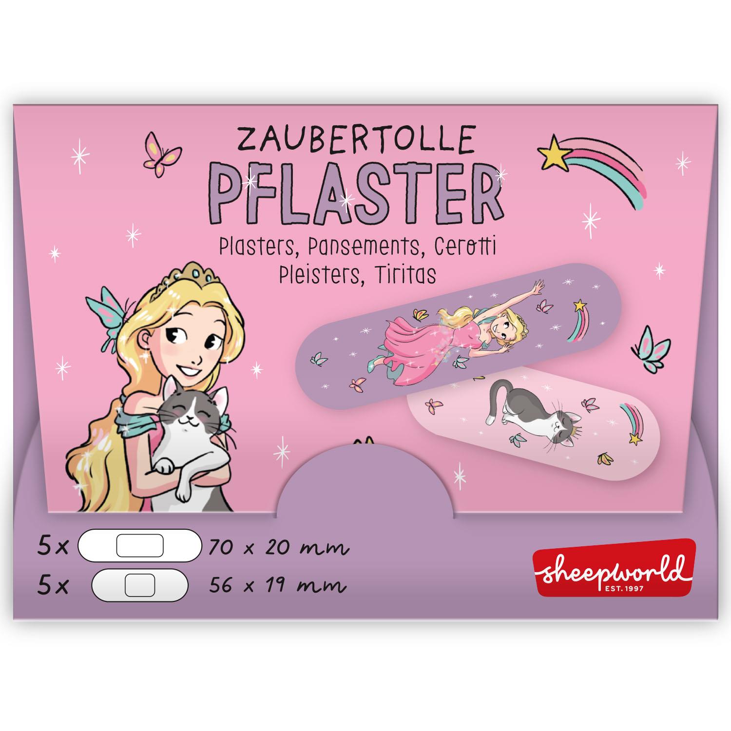 Pflaster Prinzessin – rosa Pflasterbogen mit Prinzessin und Katze auf süßer Verpackung