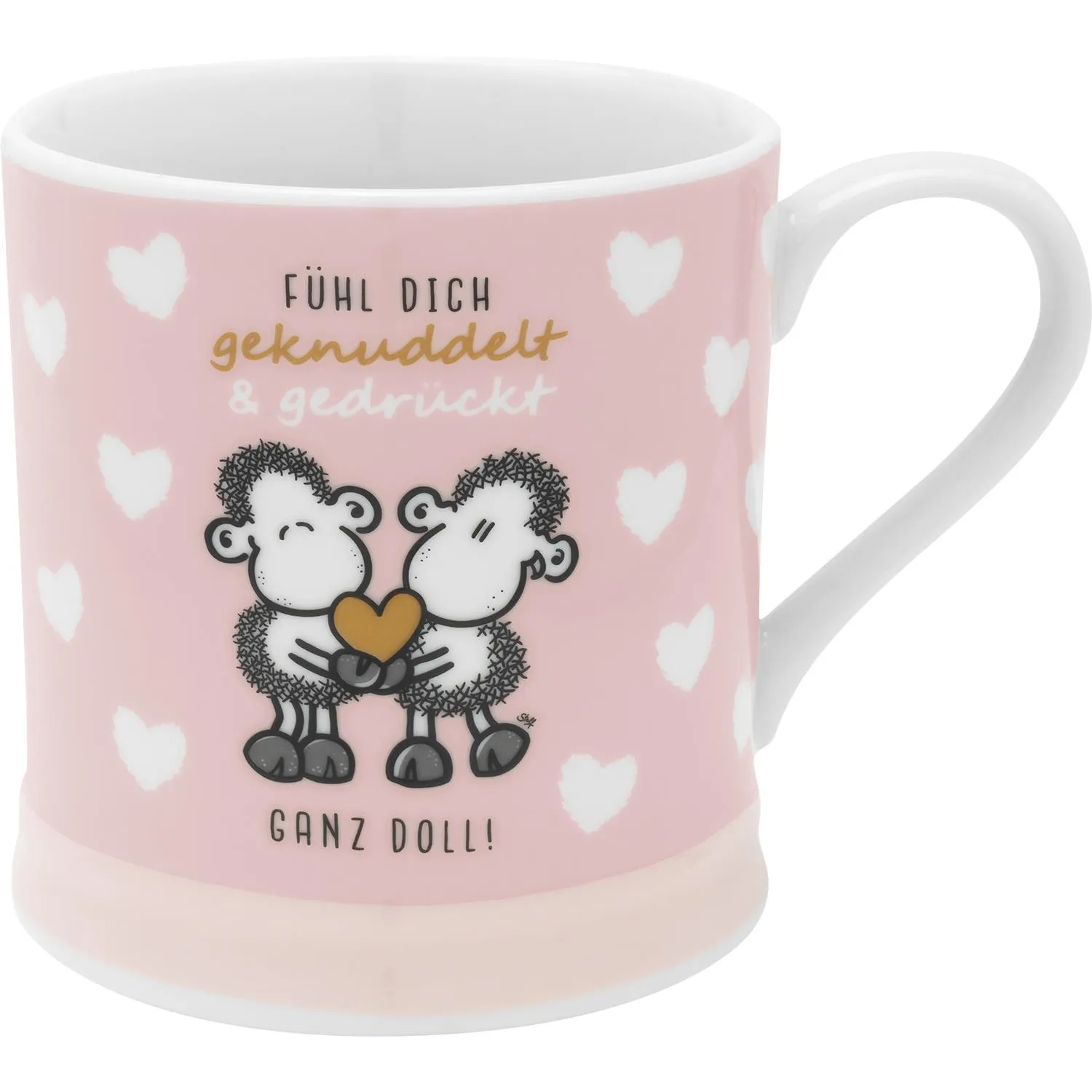 Pastellrosa Tasse mit zwei Schafen, Herzmotiv und Spruch Fühl Dich geknuddelt & gedrückt.