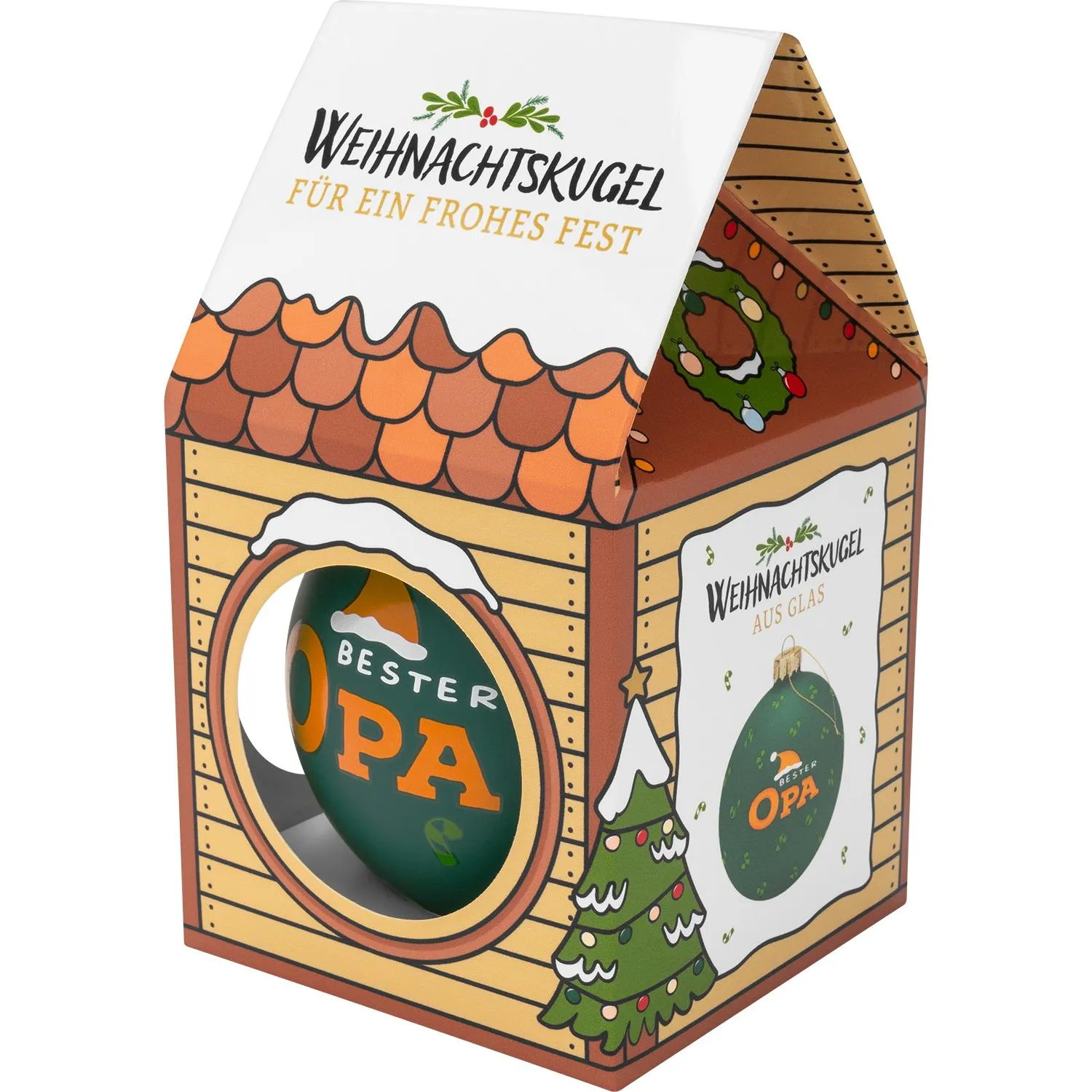 Glas-Weihnachtskugel-Set in Haus-Verpackung, grüne Kugel mit Aufschrift 'Bester Opa'.