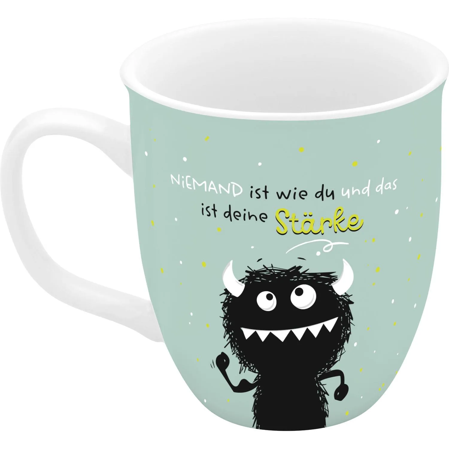 Espressotasse »Stärke« aus Porzellan mit Monster-Motiv auf mintgrünem Hintergrund