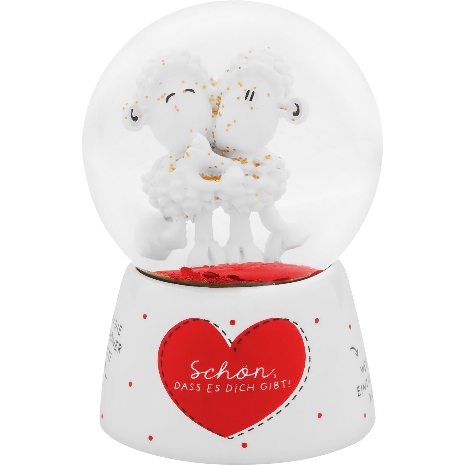 Schneekugel mit zwei Schäfchen, rotem Herzmotiv und goldenem Glitzer
