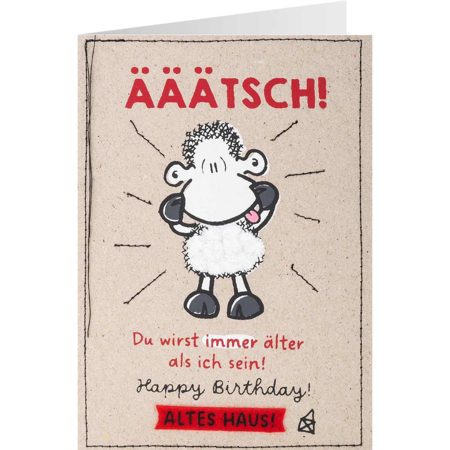 Kraftpapier-Grußkarte mit Cartoon-Schaf und rotem ÄÄtsch-Text.
