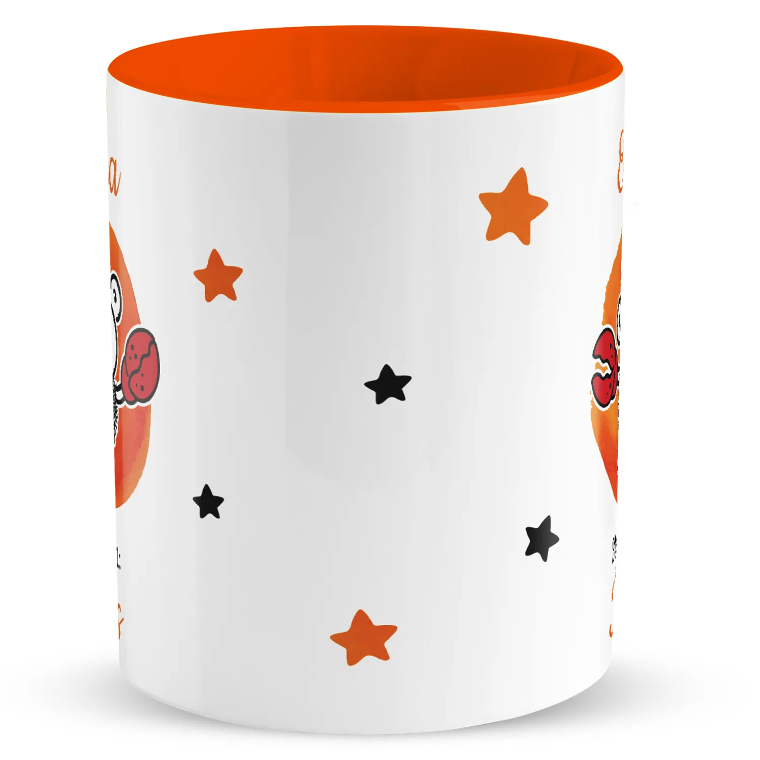Personalisierte Porzellantasse mit Sternzeichen Krebs, weiß mit Schaf- und Sternenmotive, orange Innenseite