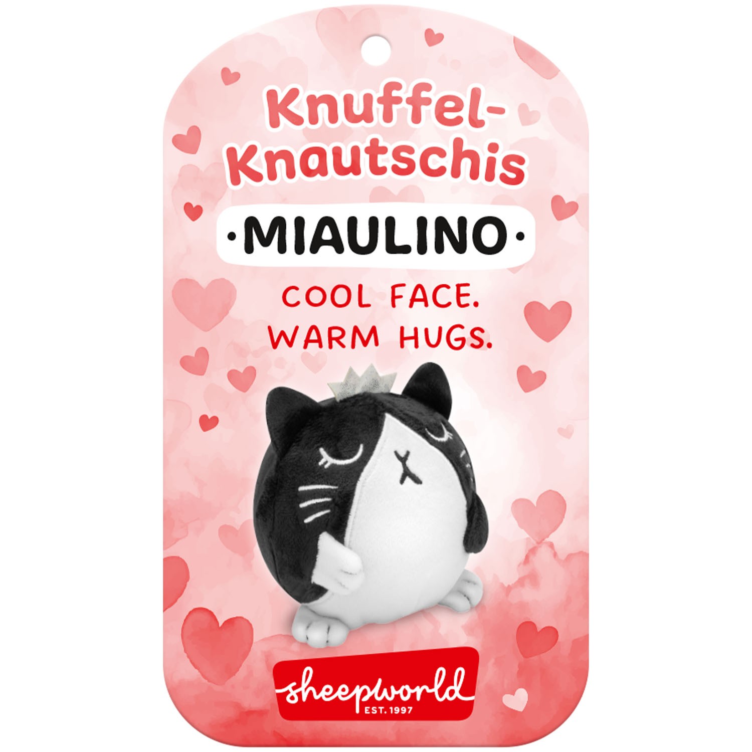 Kuscheliger Katzen-Knautschi Miaulino aus Polyester, schwarz-weiß, rotes Label
