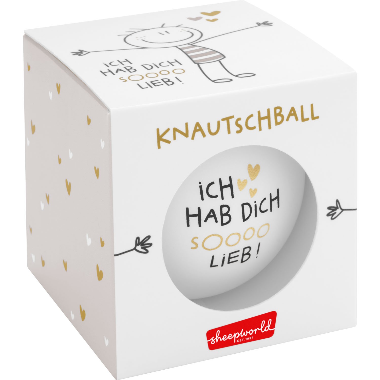 Knautschball in Geschenkbox mit Liebesbotschaft 'Ich hab Dich lieb' und Golddruck