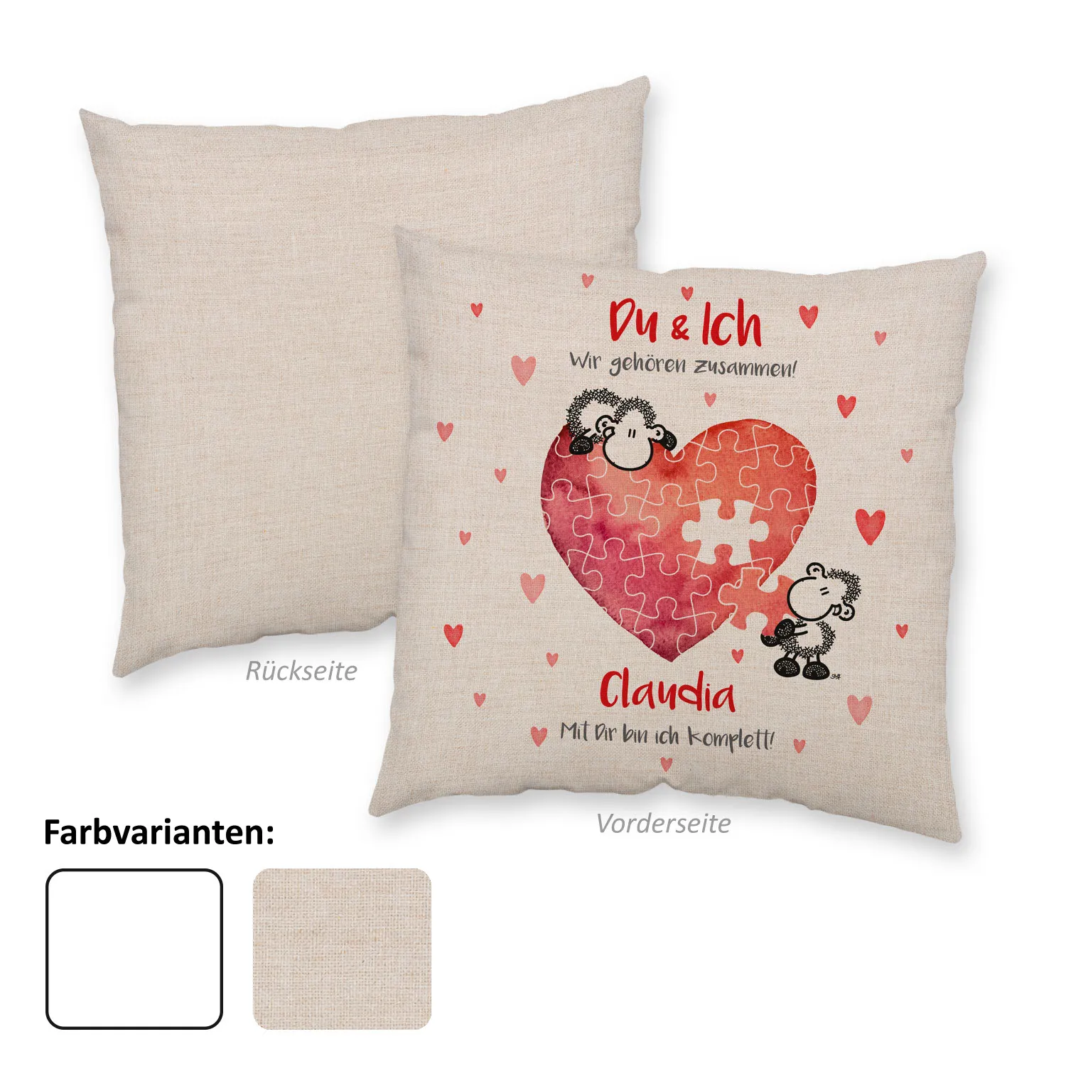 Personalisierbares Canvas-Kissen mit Herz-Puzzle und Schäfchen, 40x40 cm