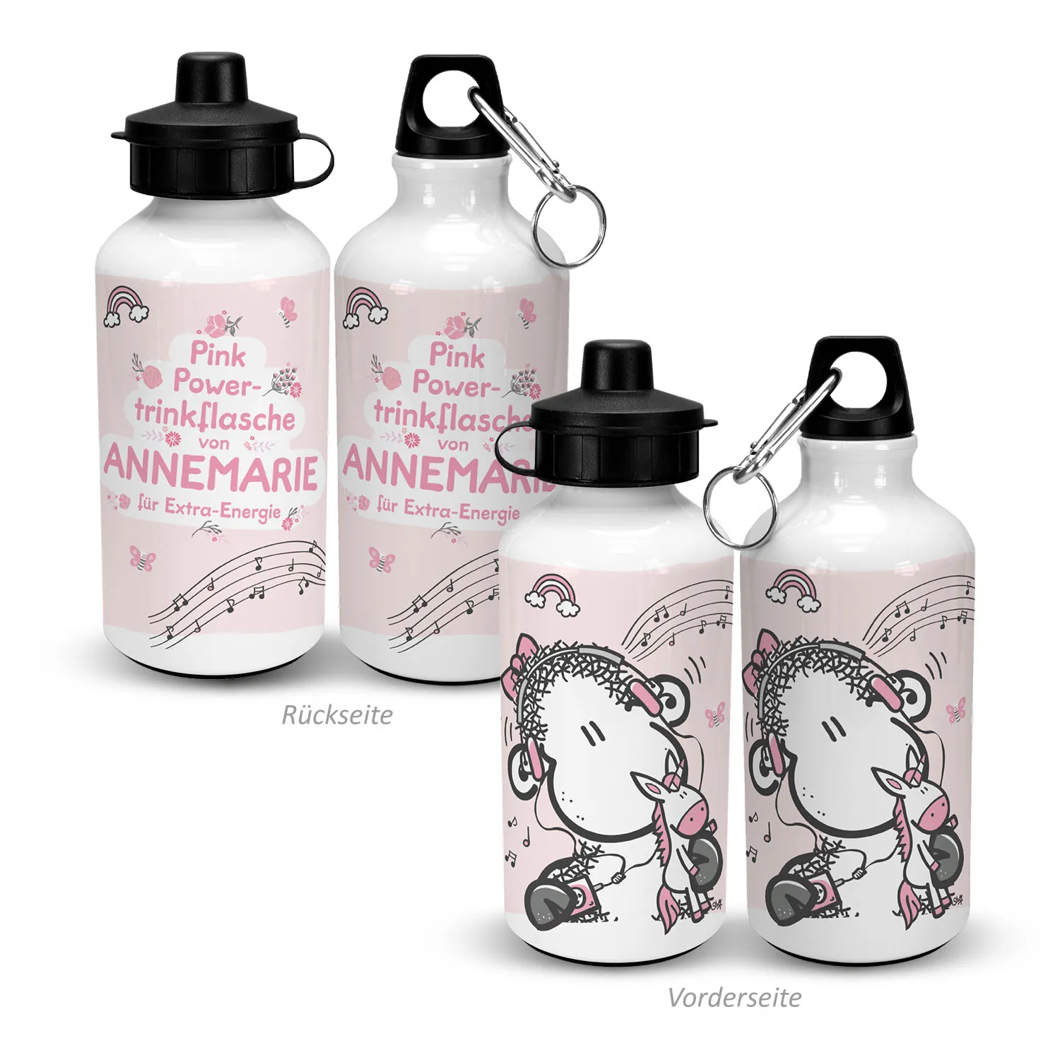 Pink Power-Trinkflasche aus Aluminium mit Einhorn-Motiv, personalisierbar, 500 ml