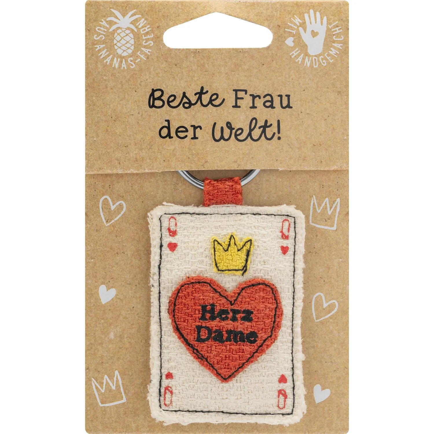 Schlüsselanhänger Herz Dame mit rotem Herz, Krone und Textilfaser, an Schlüsselring