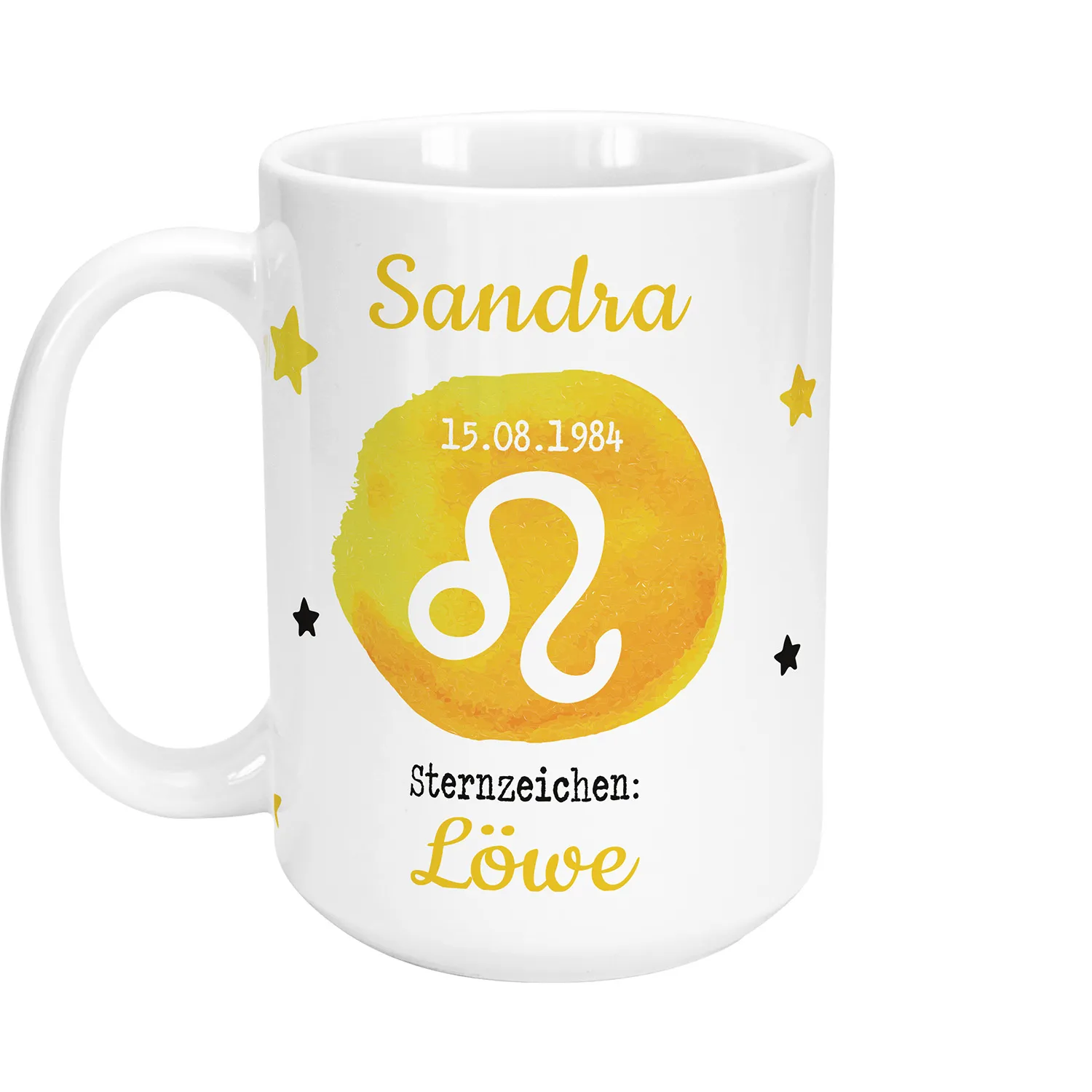 Weiße Keramik-XL-Tasse mit Leo-Zeichen, Name Sandra und Geburtsdatum 15.08.1984