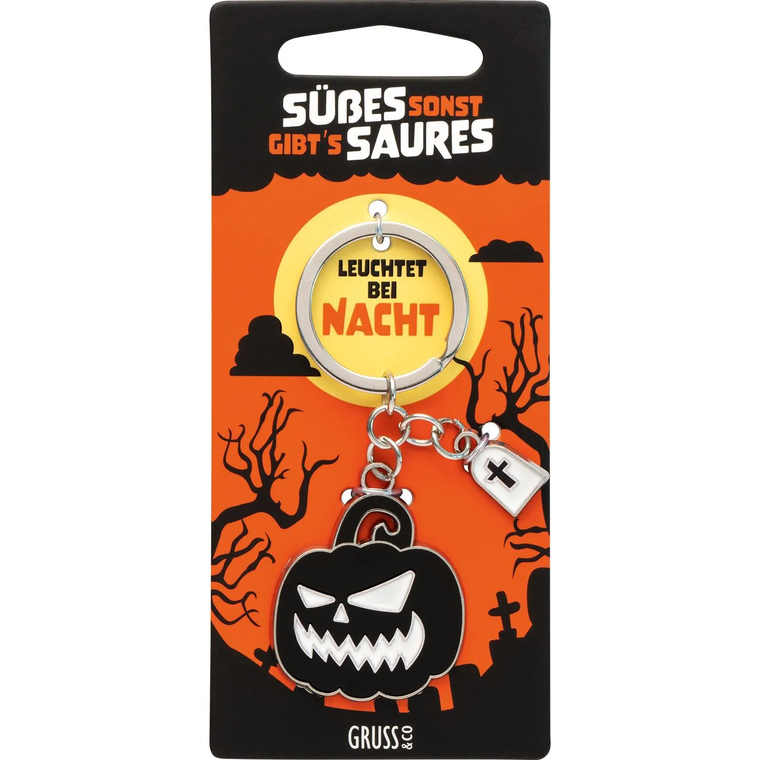 Kürbis-Schlüsselanhänger mit Grabstein-Anhänger auf Halloween-Verpackung