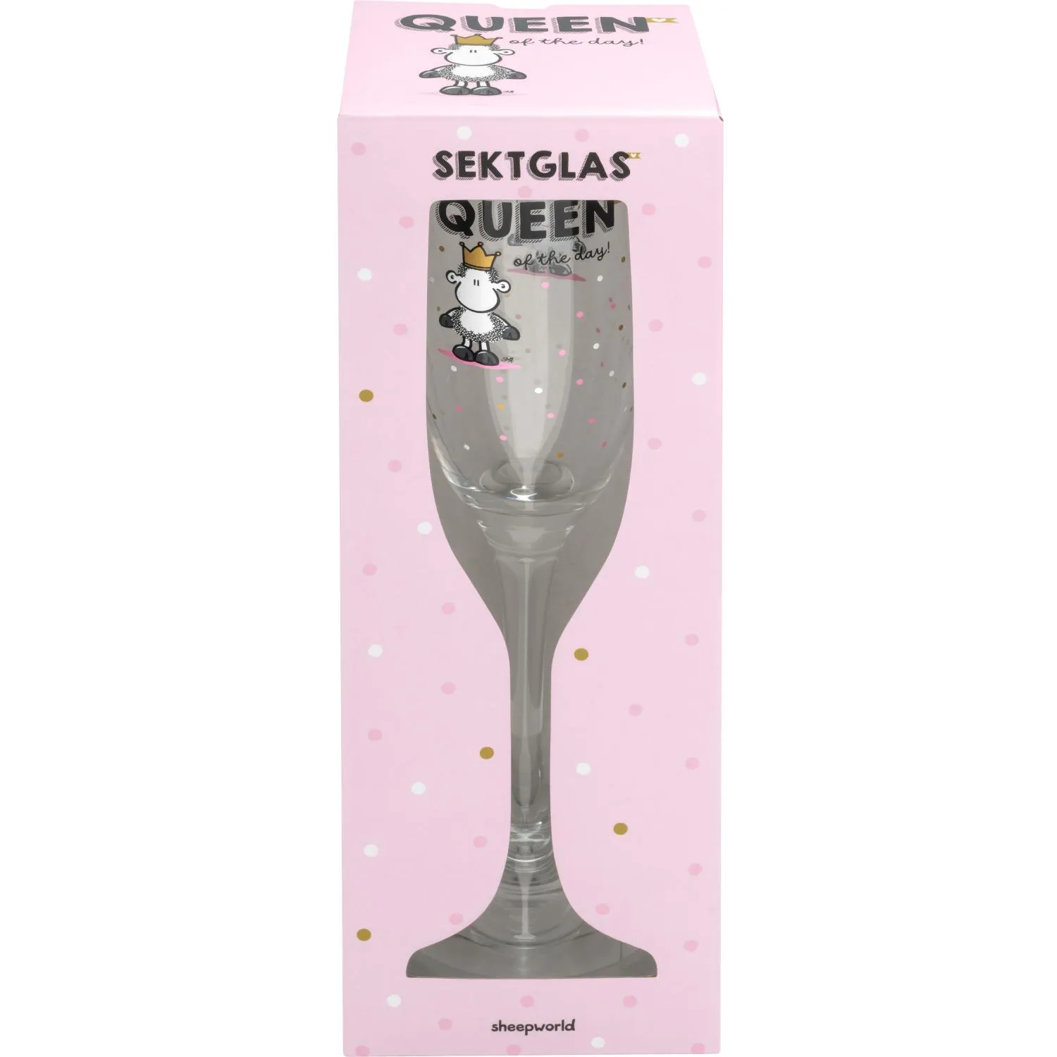 Sektglas Queen mit Schaf-Motiv in rosa Geschenkverpackung, 200 ml Fassungsvermögen.