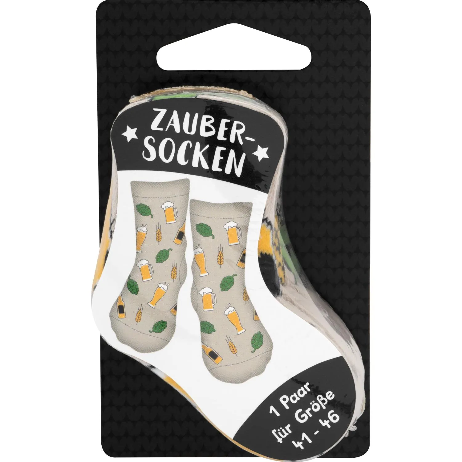Beige Zaubersocken mit Hopfen- und Bierkrug-Motiven auf Headercard
