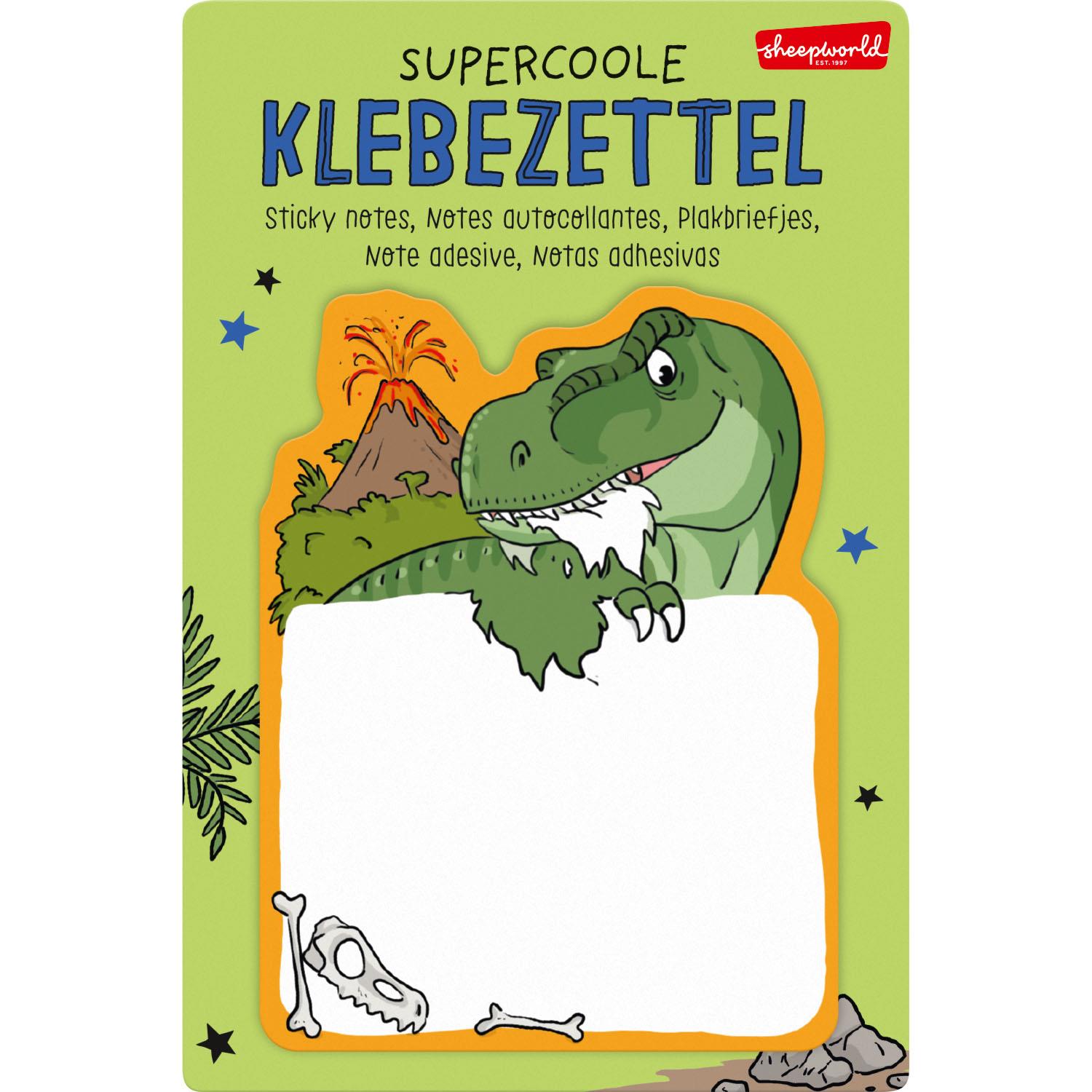 Klebezettel mit grünem Dino-Motiv und orangeem Rahmen