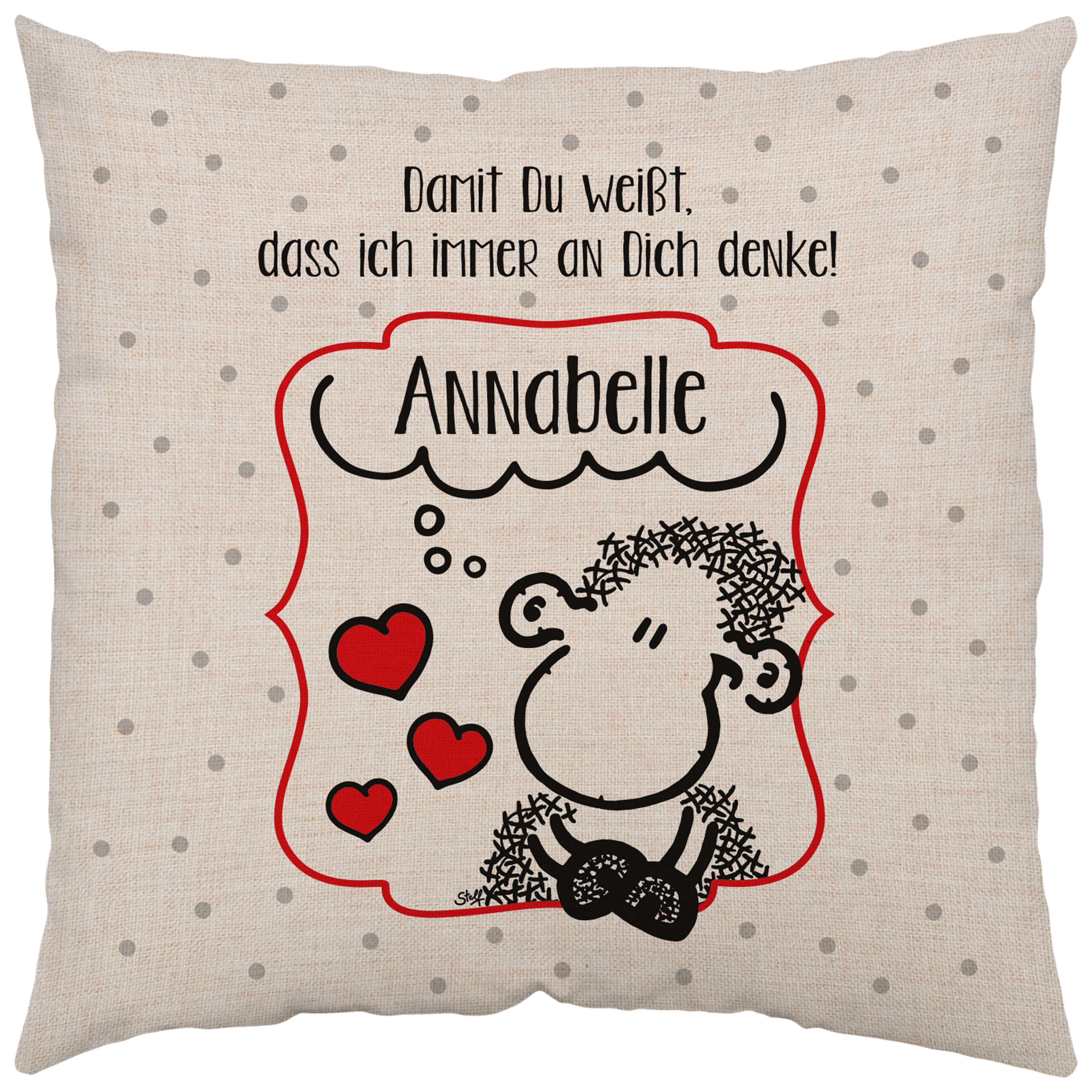 Personalisierbares Kissen mit Canvas-Optik, Cartoon-Schaf, Herzen und Namen Annabelle.