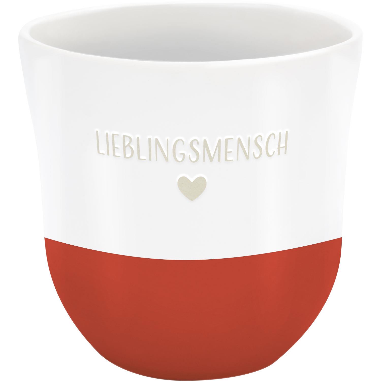 Weiße Steinzeug-Tasse mit rotem unteren Bereich und Schriftzug 'Lieblingsmensch'