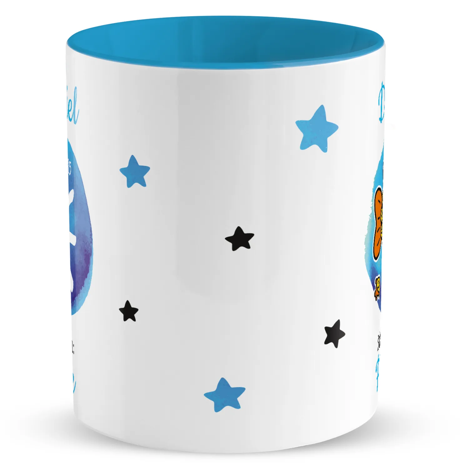 Weiße Porzellanttasse mit blauem Innenraum und blauen Sternen – personalisierbar mit Namen und Sternzeichen.