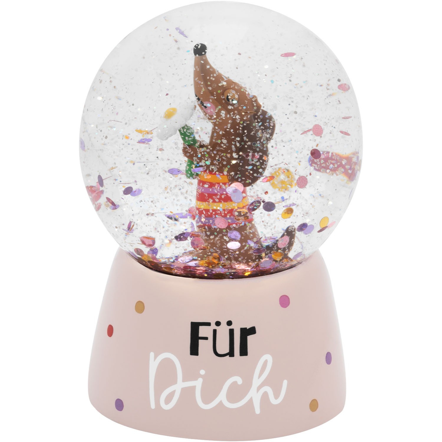 Traumkugel »Für Dich« mit Dackel-Motiv, Glitzer und rosa Sockel.