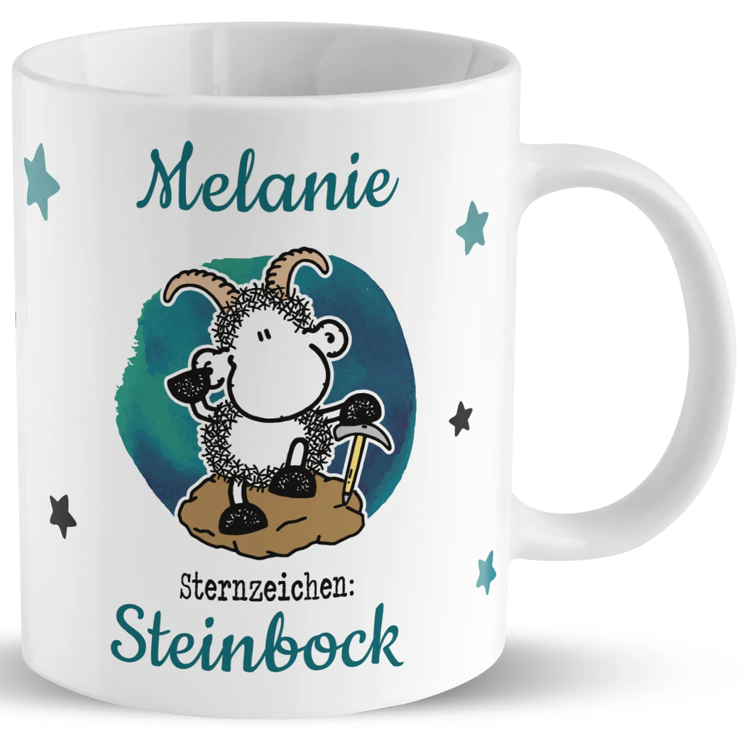 Weiße Porzellan-Tasse mit Schaf-Motiv, Name Melanie und Sternzeichen Steinbock
