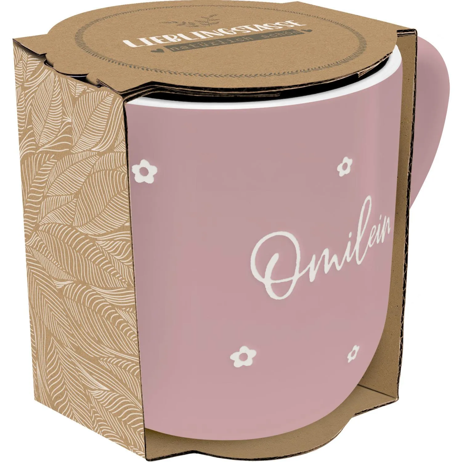 Rosafarbene Lieblingstasse Omilein aus Steinzeug mit weißen Blüten