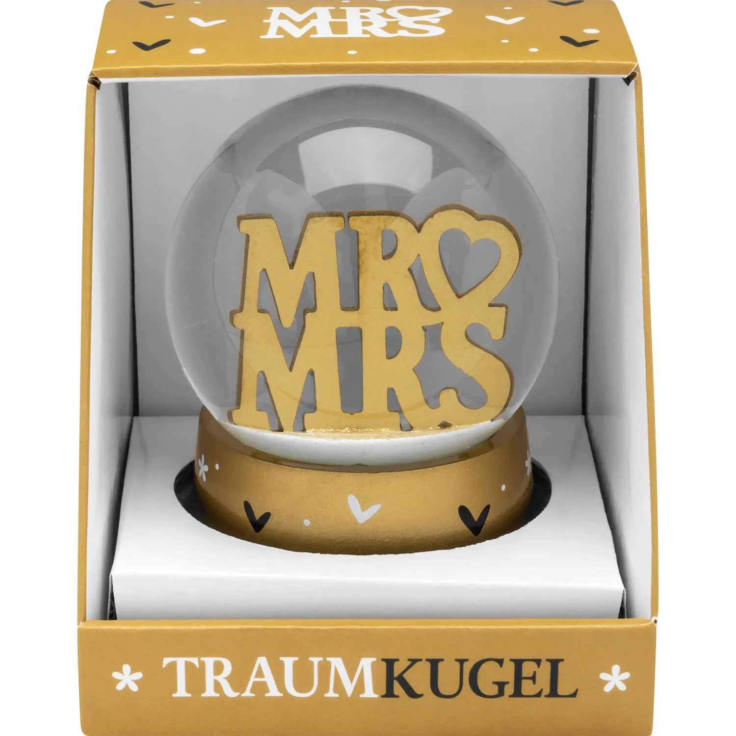 Glaskugel mit MR&MRS-Schriftzug in Gold, auf goldener Basis, silbernen Blumen, Geschenkbox