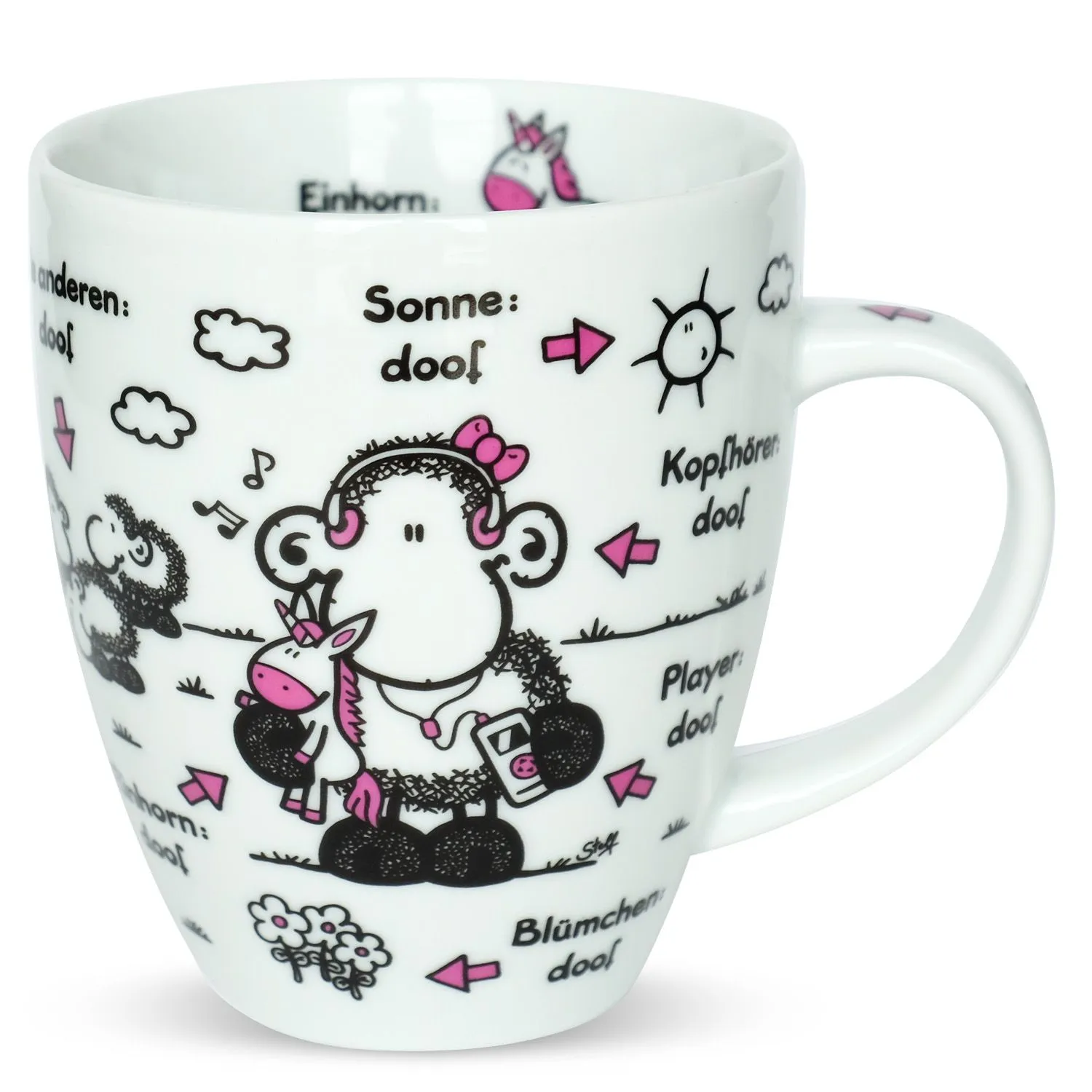 Weiße Porzellanstasse mit Schäfchen-Comic-Motiv und rosa Akzenten.
