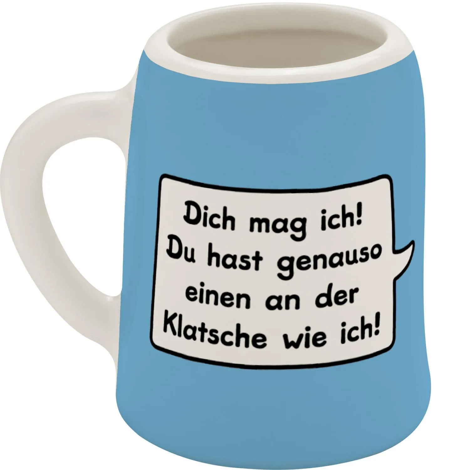 Porzellanschnapsglas, blau, mit weißer Sprechblase und Spruch.