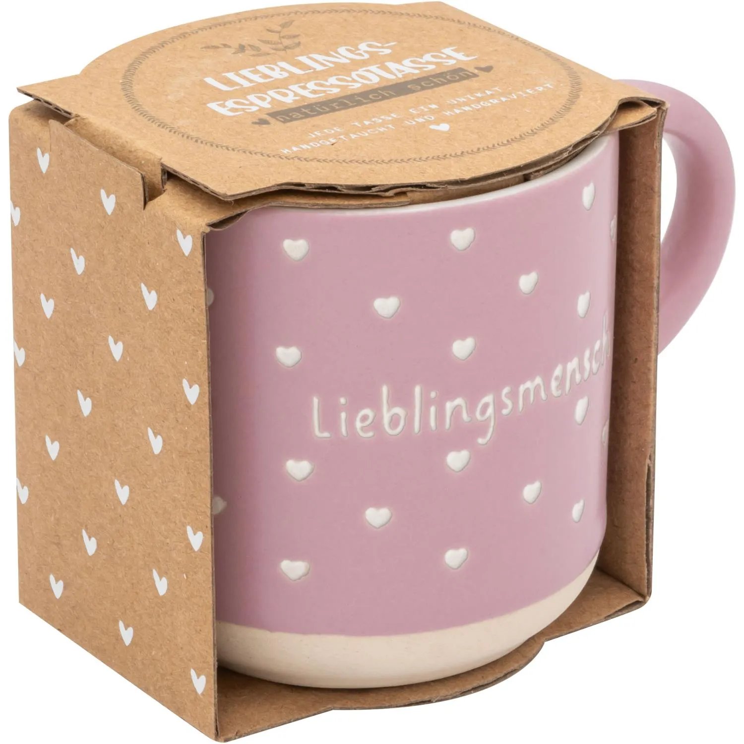 Rosa Espressotasse mit weißen Herzchen und dem Schriftzug Lieblingsmensch, matte Oberfläche