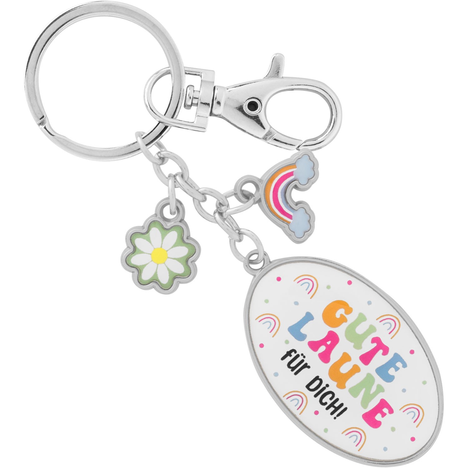 Schlüsselanhänger mit drei Charms – Blume, Regenbogen und Spruch – in Pastellfarben.