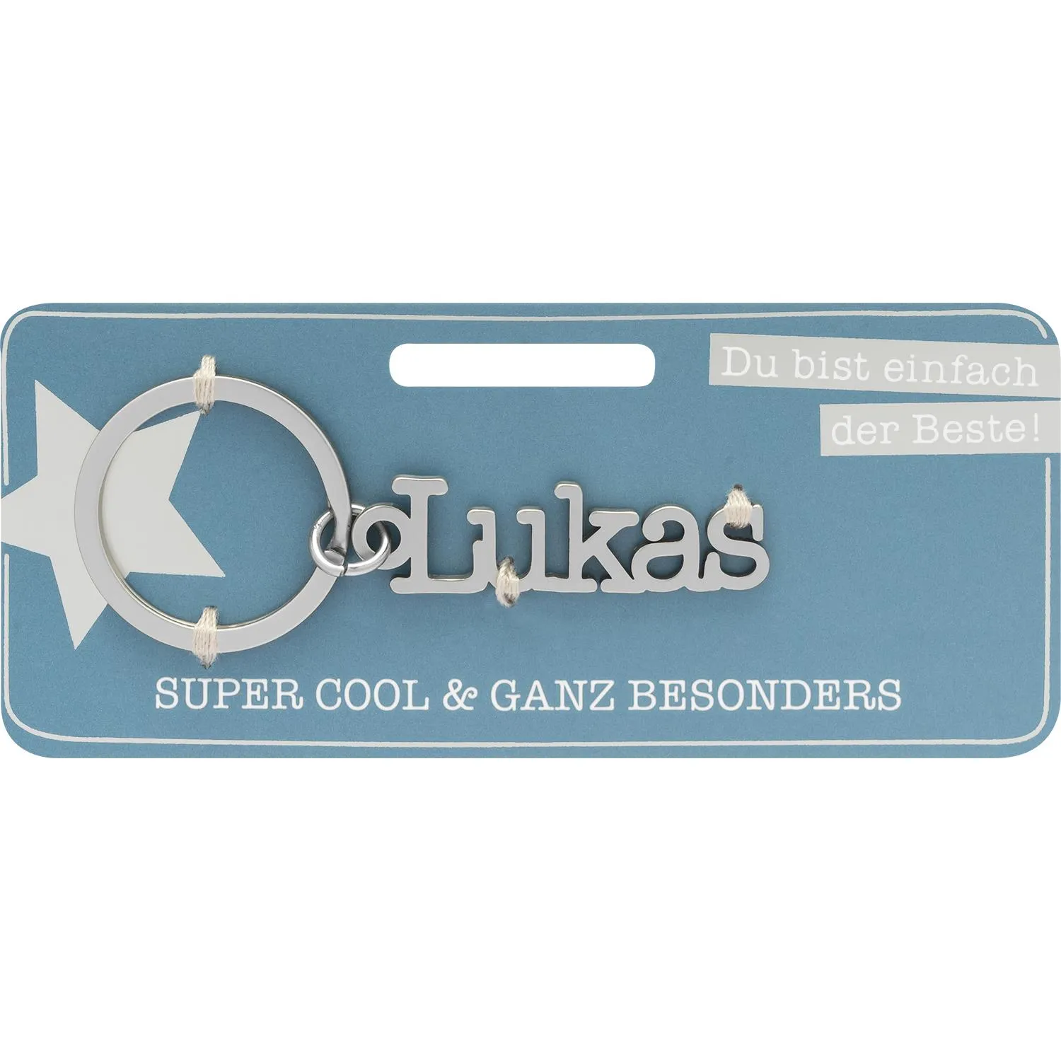 Personalisierter Schlüsselanhänger mit Namen Lukas aus Edelstahl auf blauer Headerkarte