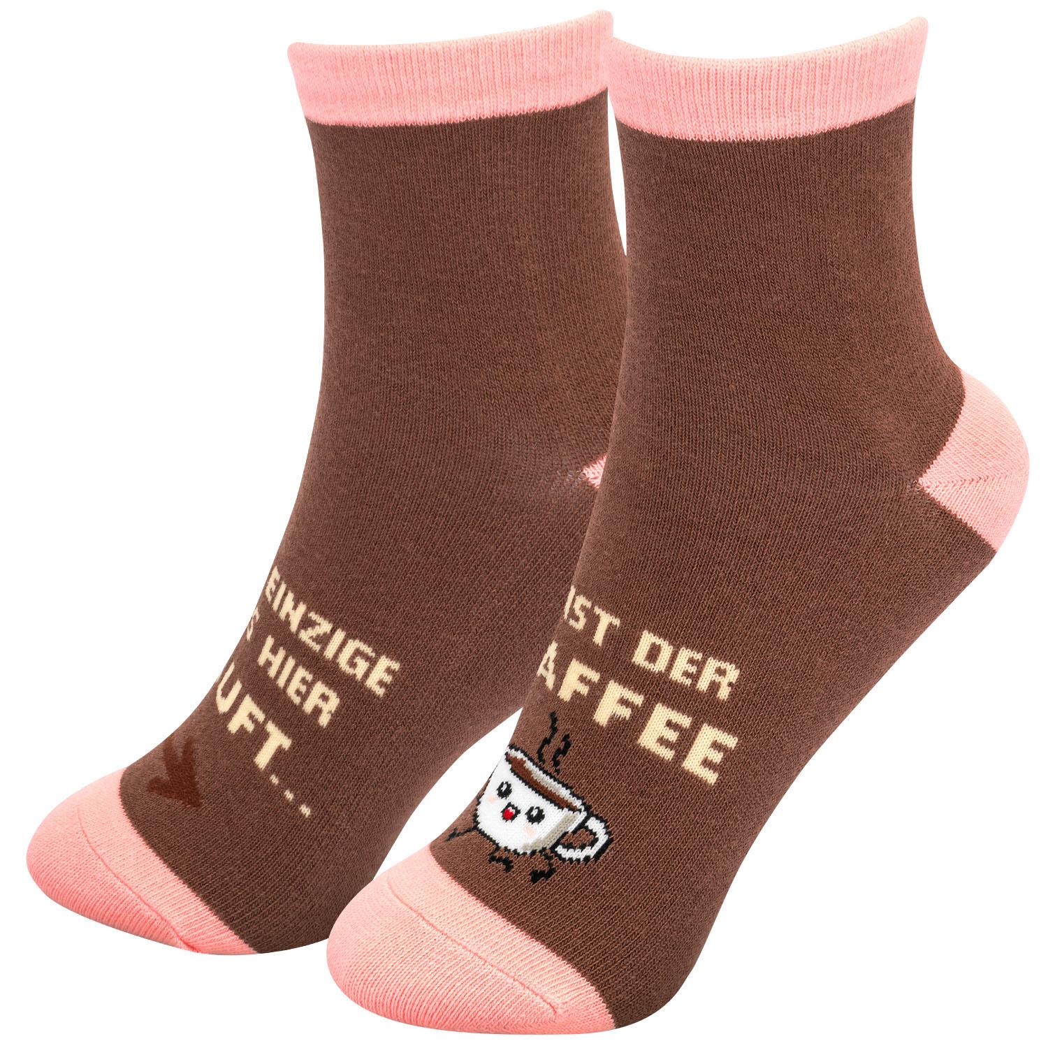 Braune Zaubersocken mit rosa Rand und Kaffee-Motiv