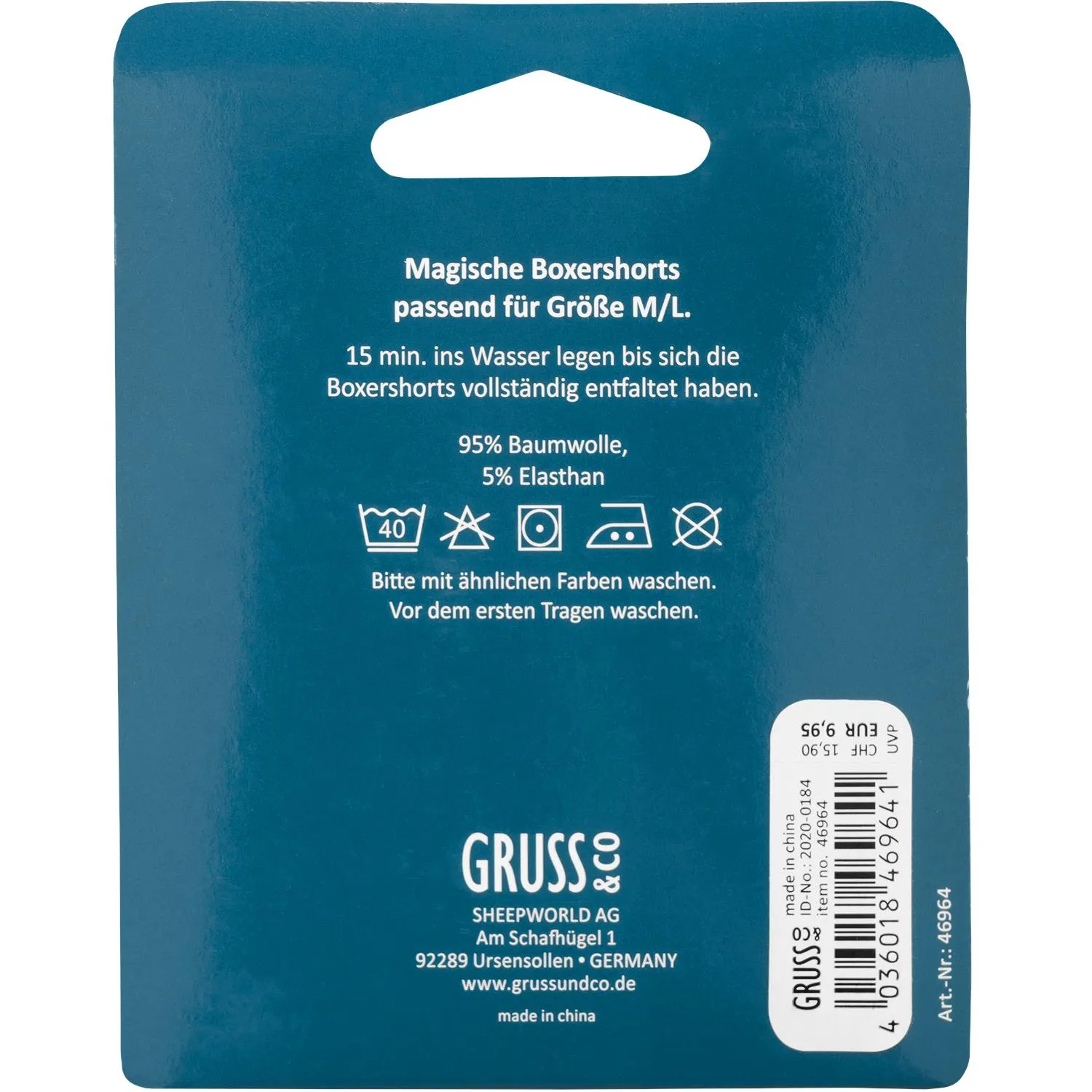 Türkis-blaue Verpackung für Magische Boxershorts (Größe M/L) mit Barcode.