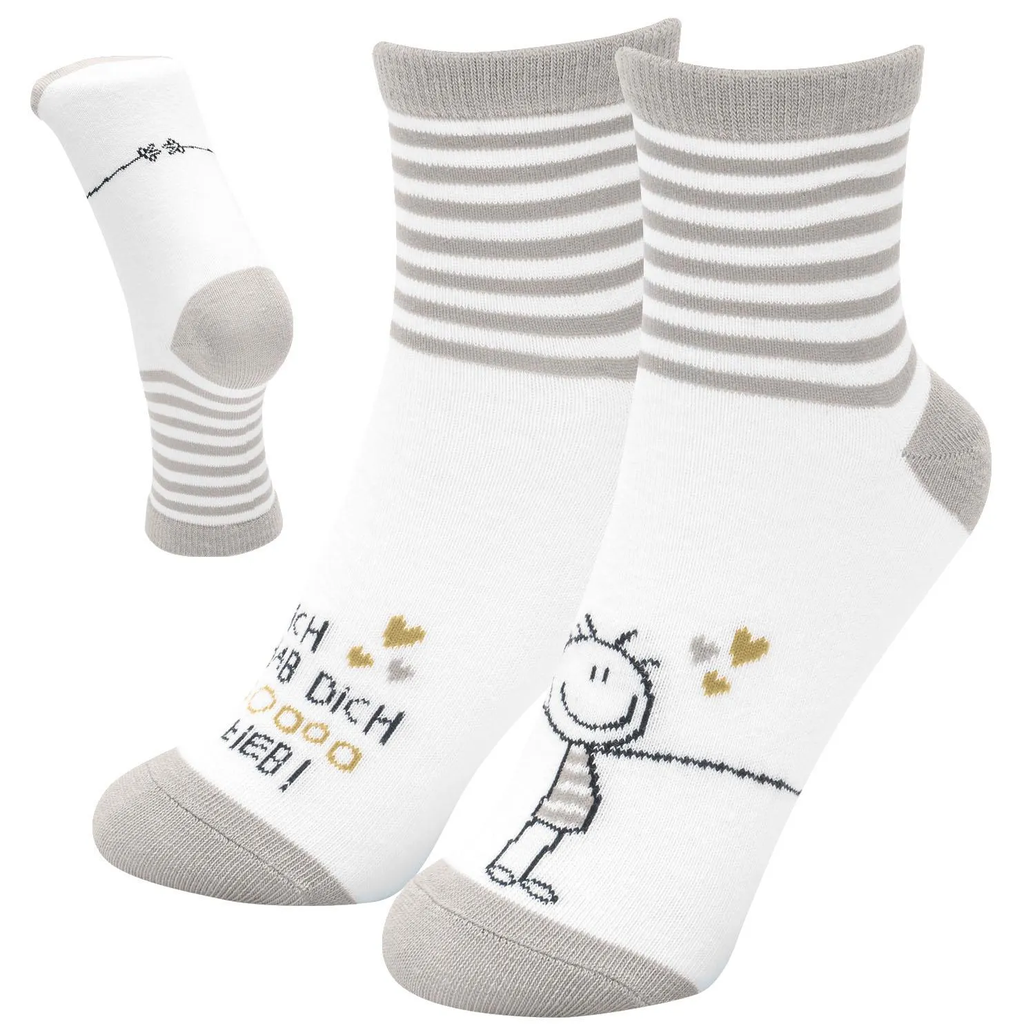 Weiße Socken mit grauen Streifen und Cartoon-Motiv