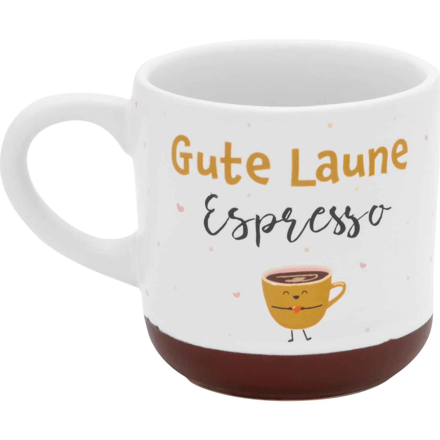 Weiße Espressotasse mit braunem Boden und fröhlicher Aufschrift Gute Laune
