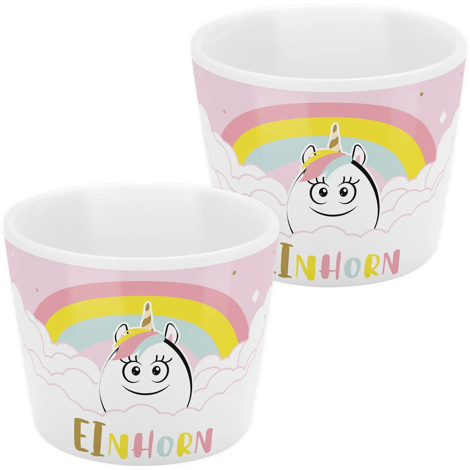 Porzellaner Eierbecher »Einhorn« mit Regenbogenmotiv auf pastelrosa Hintergrund