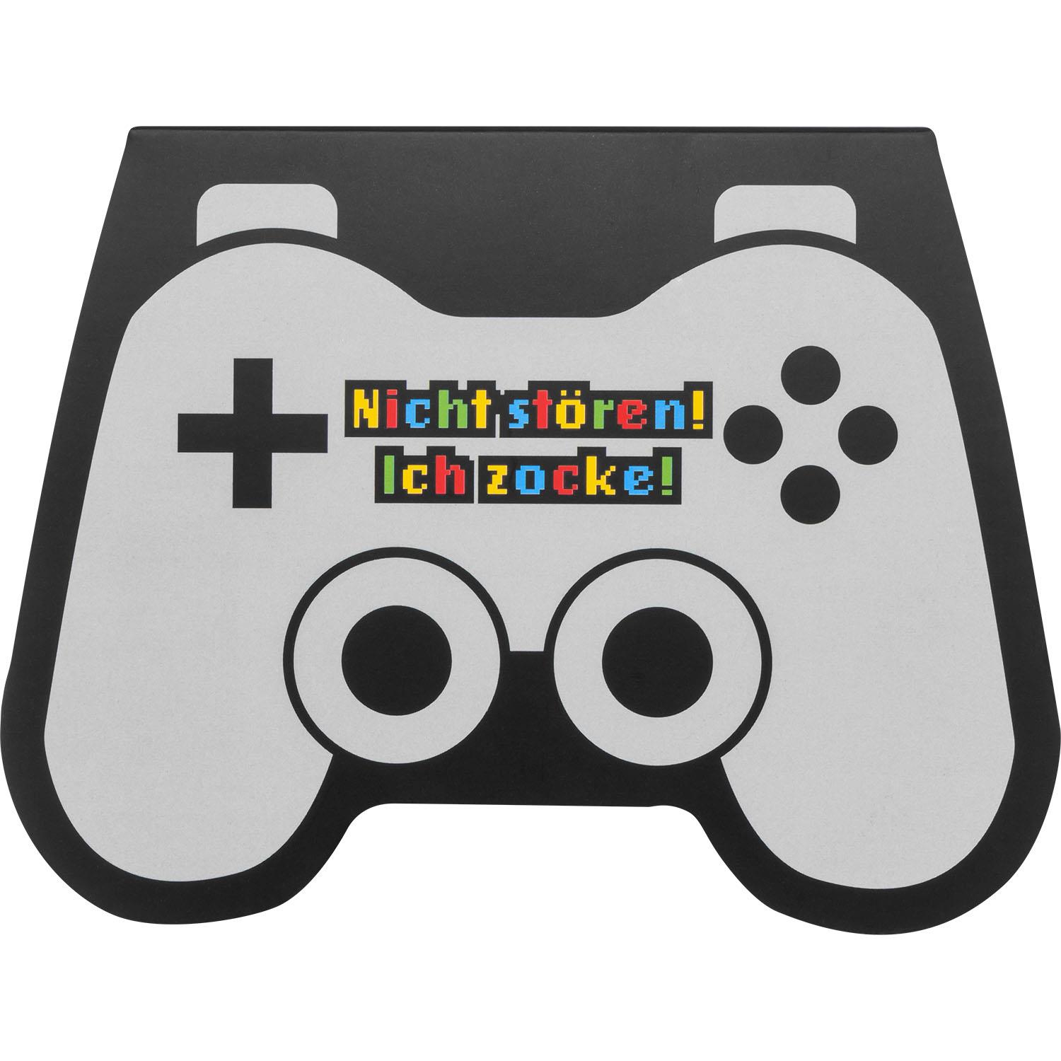 Controllerförmiger Schreibblock mit buntem Aufdruck 'Nicht stören! Ich zocke!'.