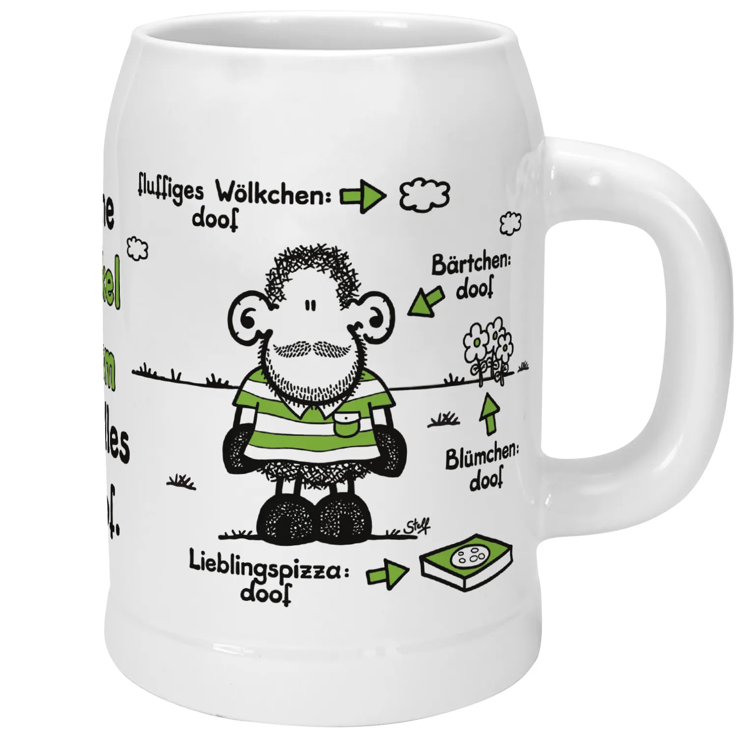 Weiße Keramik-Tasse mit niedlicher Schaf-Illustration und grünen Akzenten