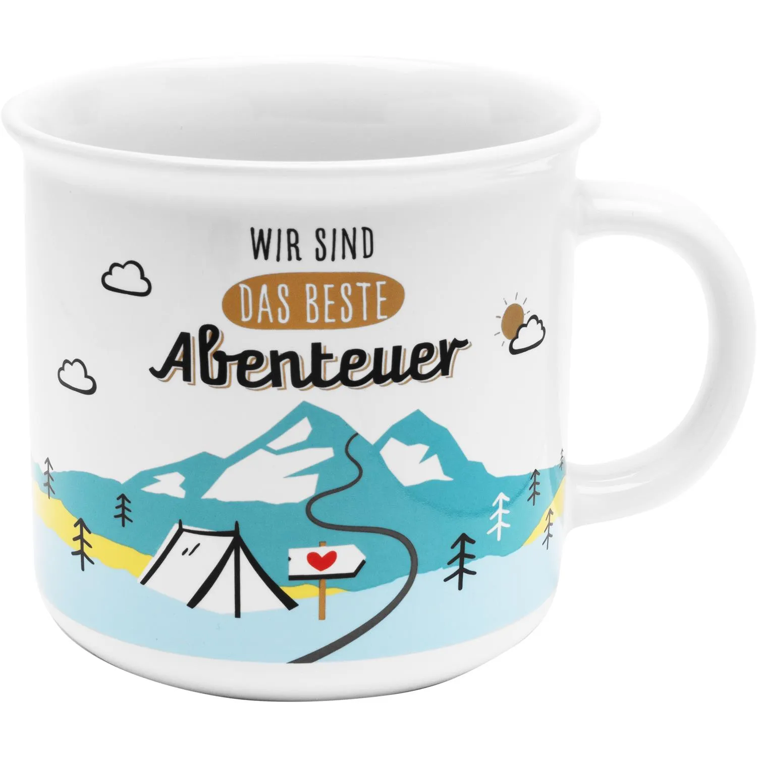 Weiße Steinzeug-Tasse 'Wir sind das beste Abenteuer' mit Berglandschaft, Zeltmotiv.