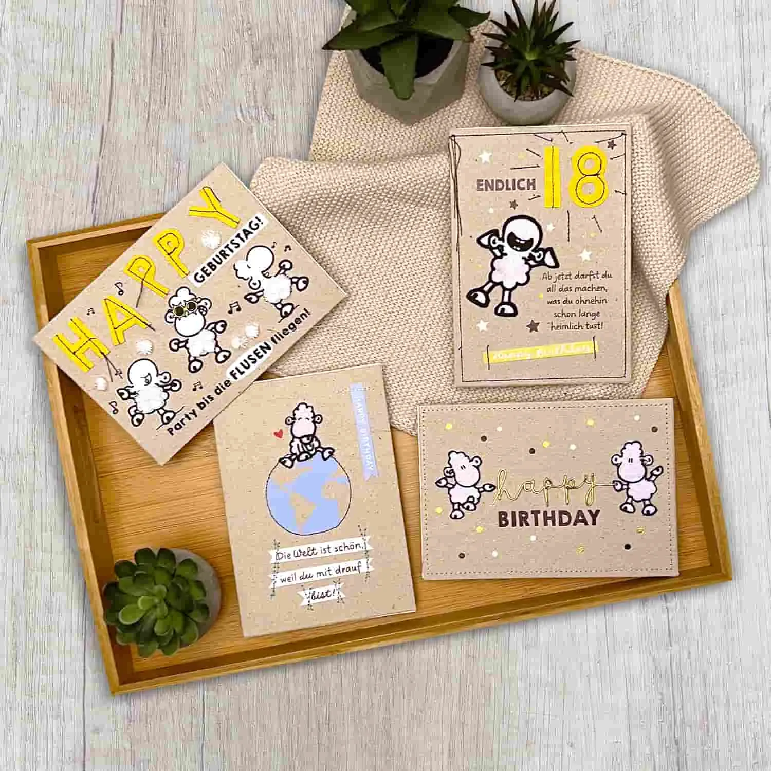 Hellbraune Grußkarten mit sheepworld Motiven und verschiedenen Sprüchen