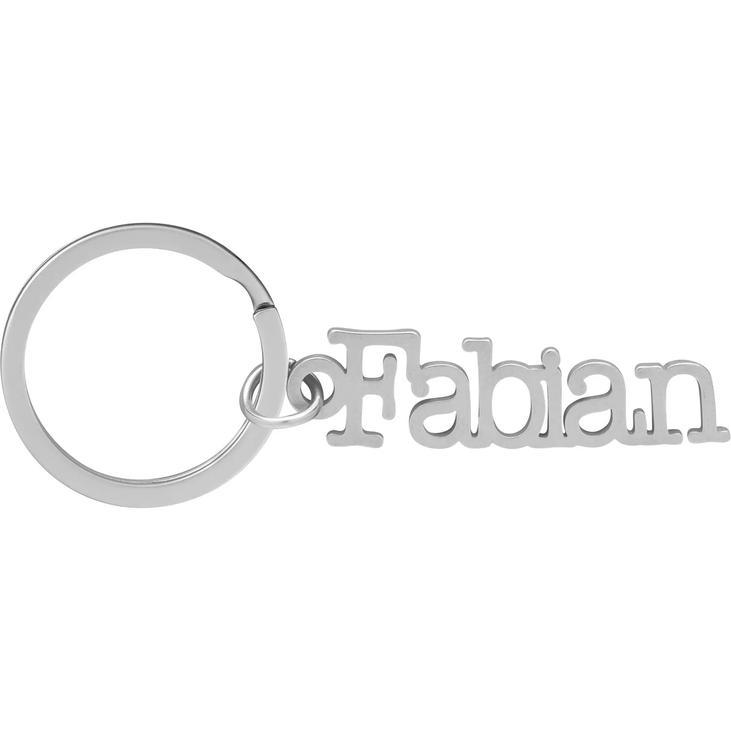 Silberner Namens-Schlüsselanhänger Fabian aus Metall mit dekorativem Schriftzug.