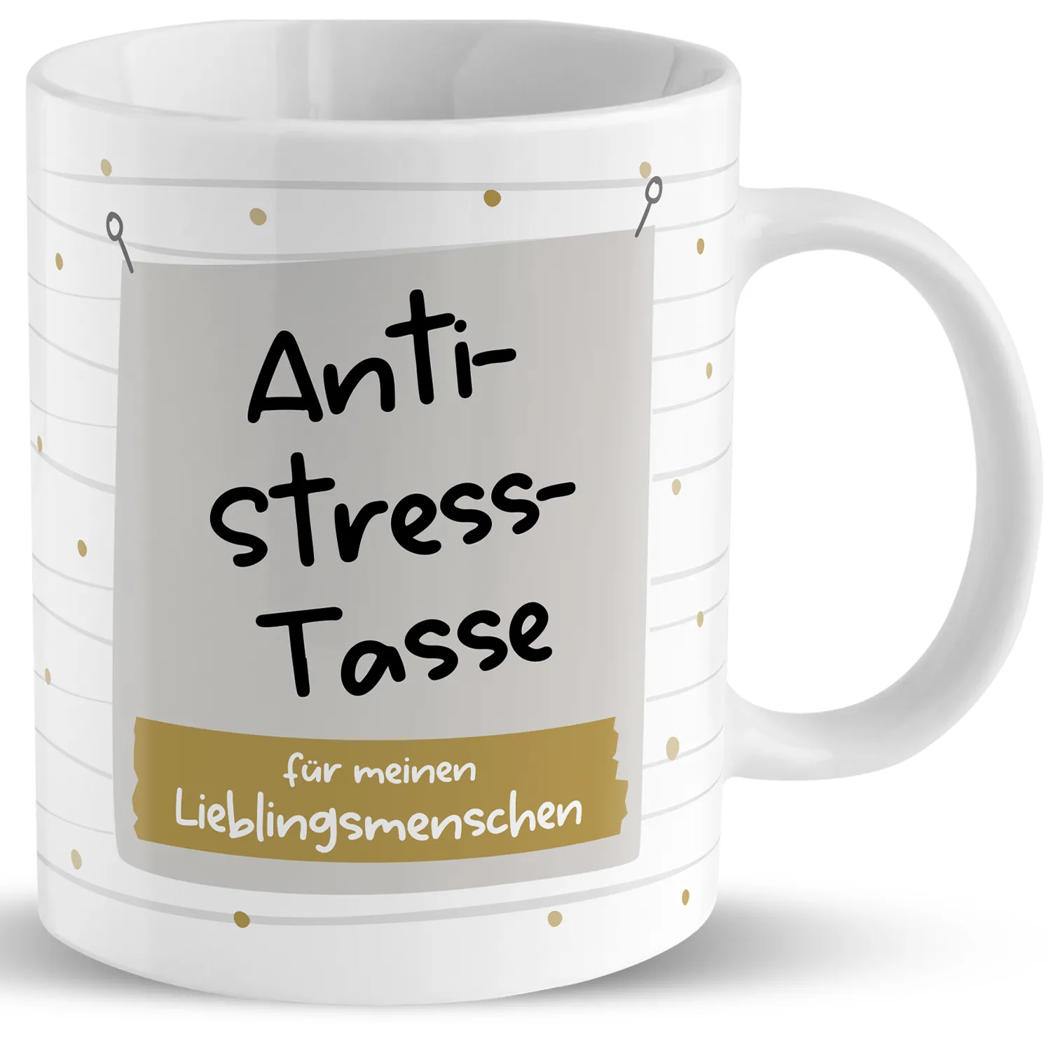 Weiße Porzellan-Tasse mit Anti-Stress-Tasse Motiv und goldenen Banner.