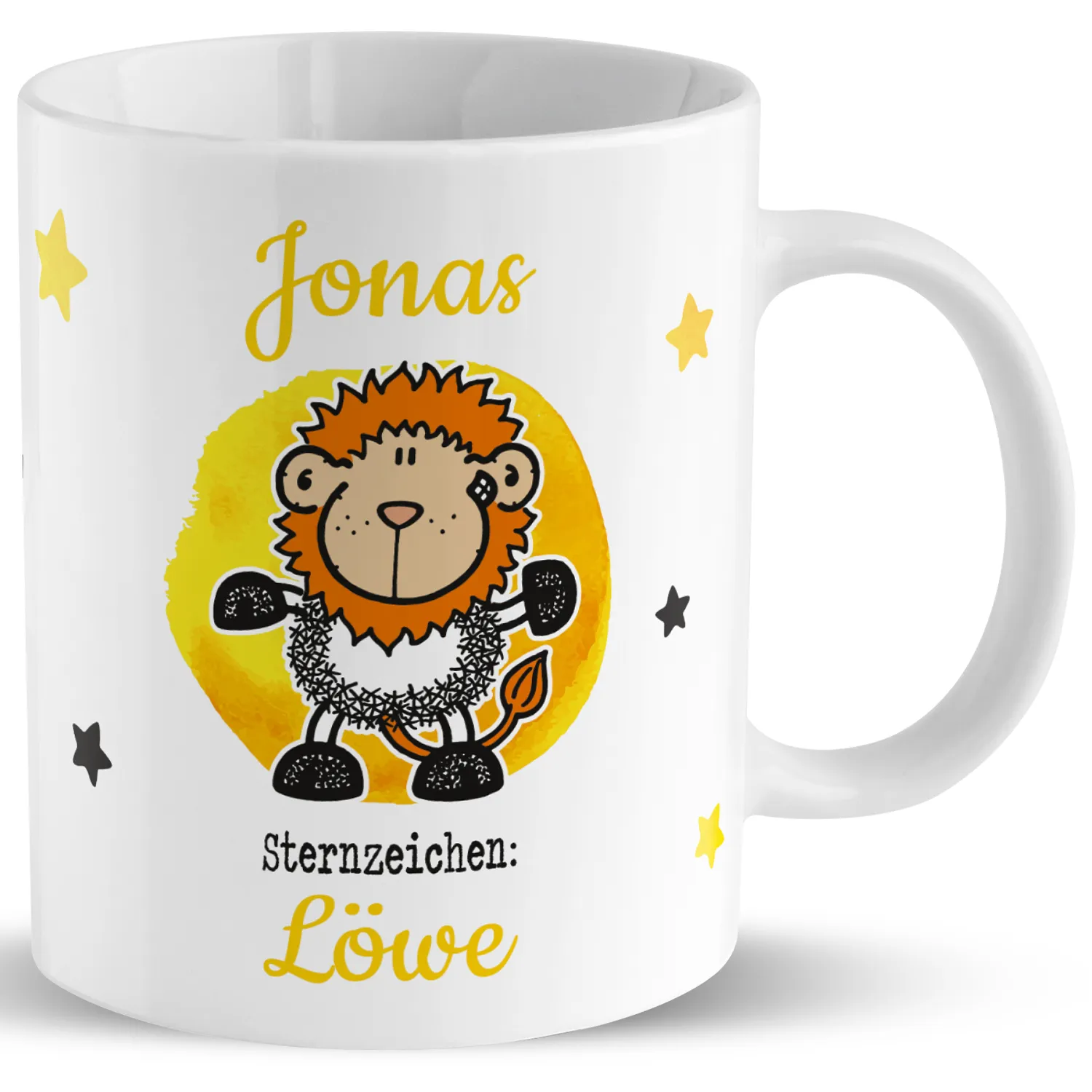 Weiße Porzellan-Tasse mit Löwe-Sternzeichen, Namenszug Jonas, gelb-oranges Motiv.