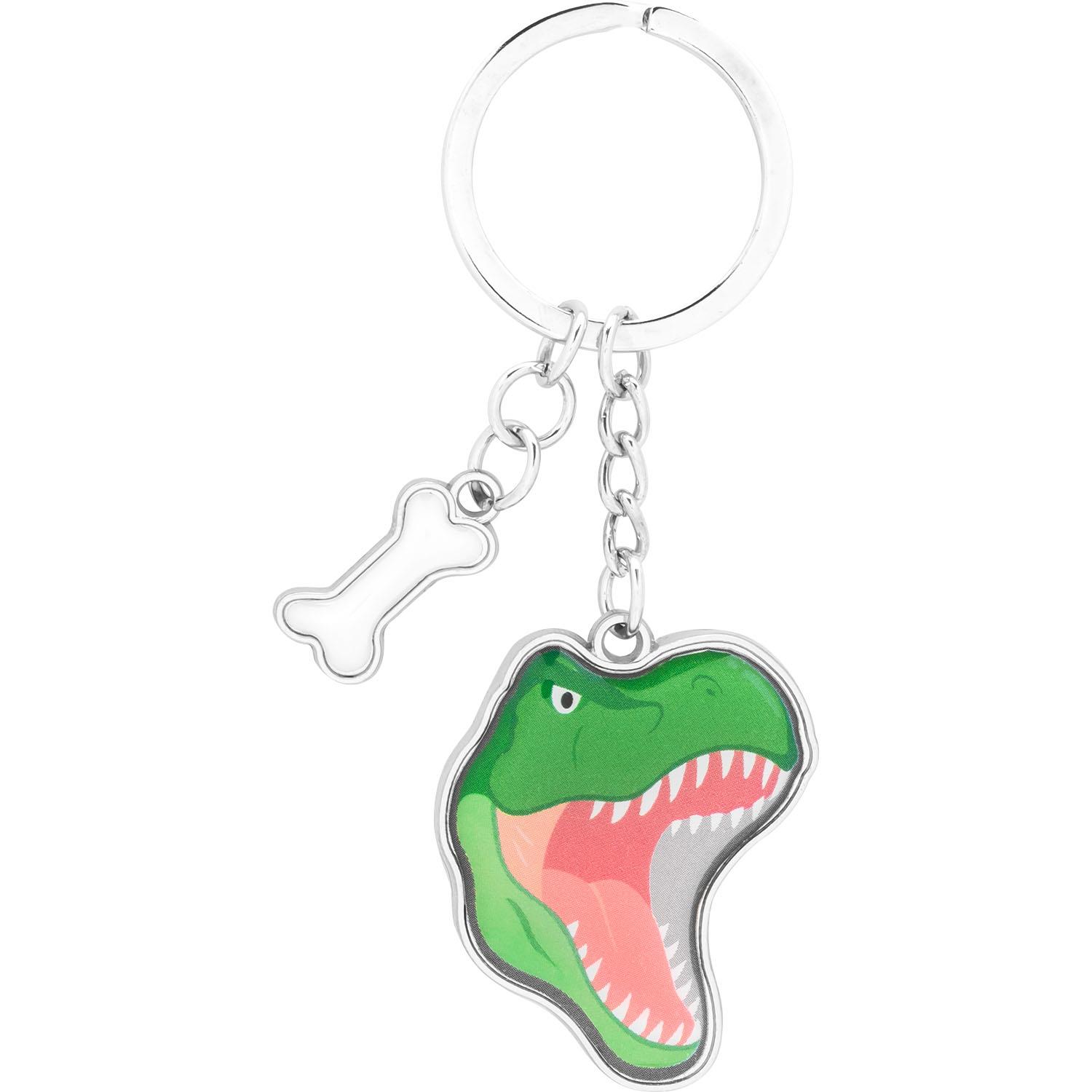 Paar-Schlüsselanhänger »Dino und Einhorn« – Dino-Kopf & Knochenanhänger aus Metall mit Epoxidharz-Aufdruck, silberner Kette