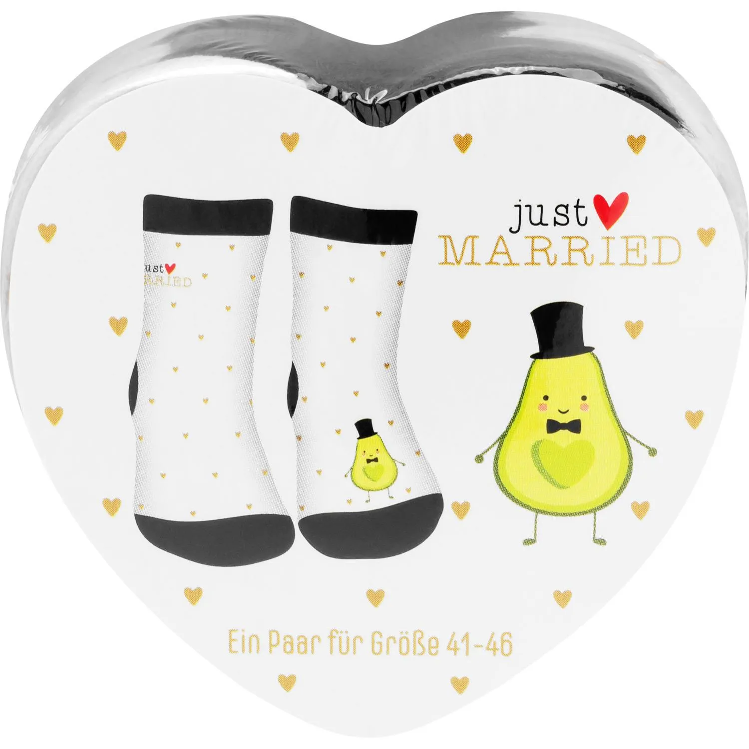 Zaubersocken-Set »Just Married«: zwei Paar weiße Socken mit gelben Herzen, Just Married‑Schriftzug und Birnenmotiv.